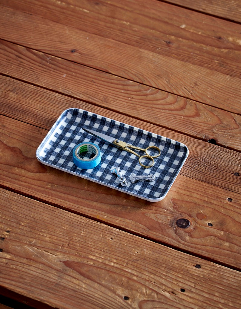 Small Linen Coated Tray | Navy & White Check Lightweight Decorative Tray