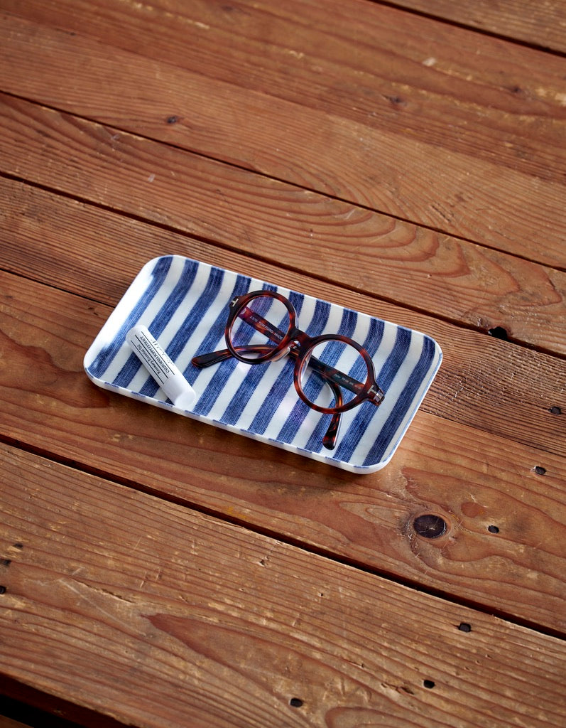 Small Linen Coated Tray | Blue & White Stripe Lightweight Decorative Tray